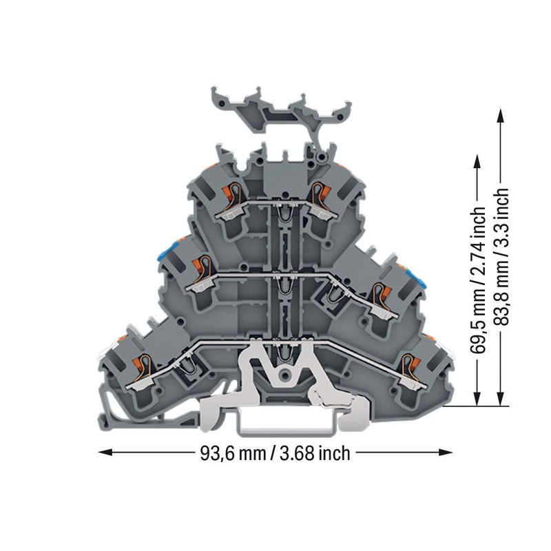 WAGO - Schutzleiter-Reihenklemme Dreistockklemme 2202-3248 2,5 qmm, grau − 50 Stück
