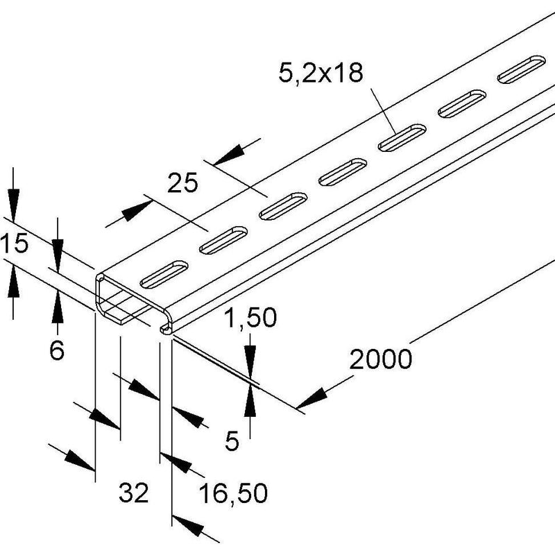 HKL - Tragschiene 534LO/2 gelocht − 20 Meter