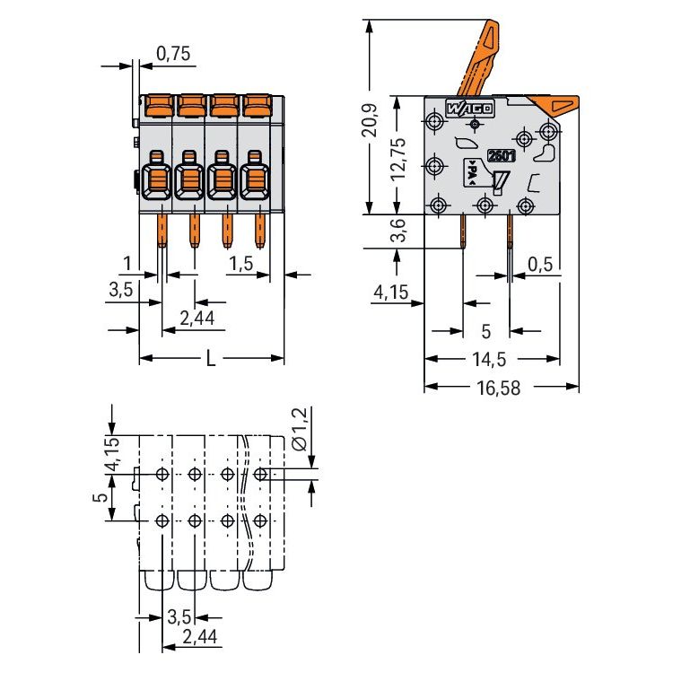 WAGO GmbH & Co. KG - Leiterplattenklemme Leiterplattenklemme 2601-1106 1,5mm²,gr − 80 Stück