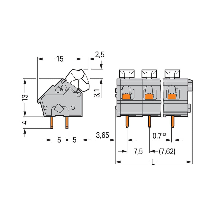 WAGO - Leiterplattenklemme 256-502/334-000 Drücker,2,5 mm²,grau − 70 Stück