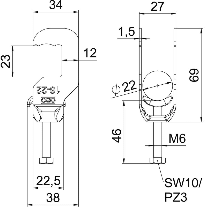 OBO Bettermann Vertr - Bügelschelle Bügelschelle BS-RS1-M-22 FT 16-22mm − 100 Stück