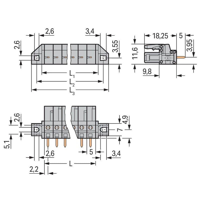 WAGO - Leiterplattensteckverbinder THT-Federleiste gerade 232-153/031-000 Rastermaß 5mm,grau − 10 Stück