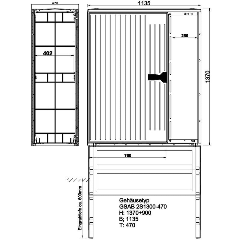 GSAB Elektrotechnik - Gehäuse/Schaltschrank (leer) Verteilerschrank 2S1300DS2ES1-470 HxBxT:1300x1135x470