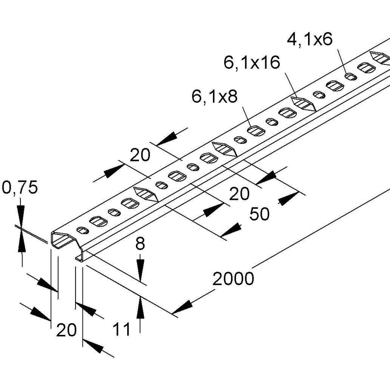 HKL - Stiel/Profilschiene Profilschiene 2761/2 2m lang − 2 Meter