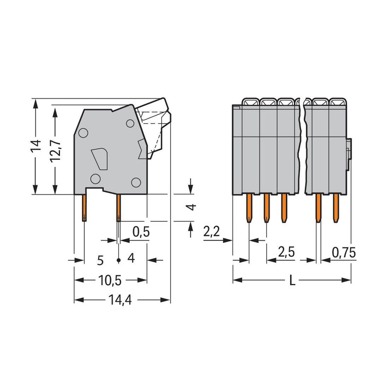 WAGO - Leiterplattenklemme 234-207 Drücker,0,5mm²,grau − 60 Stück