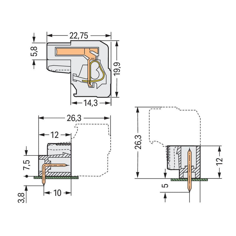 WAGO - Kabelsteckverbinder für Leiterplattensteckverbinder Federleiste 722-203/026-000 3p 5mm abgew. − 100 Stück