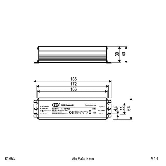 EVN Lichttechnik - LED-Betriebsgerät LED-Netzgerät K 12075 12VDC 0-75W IP67