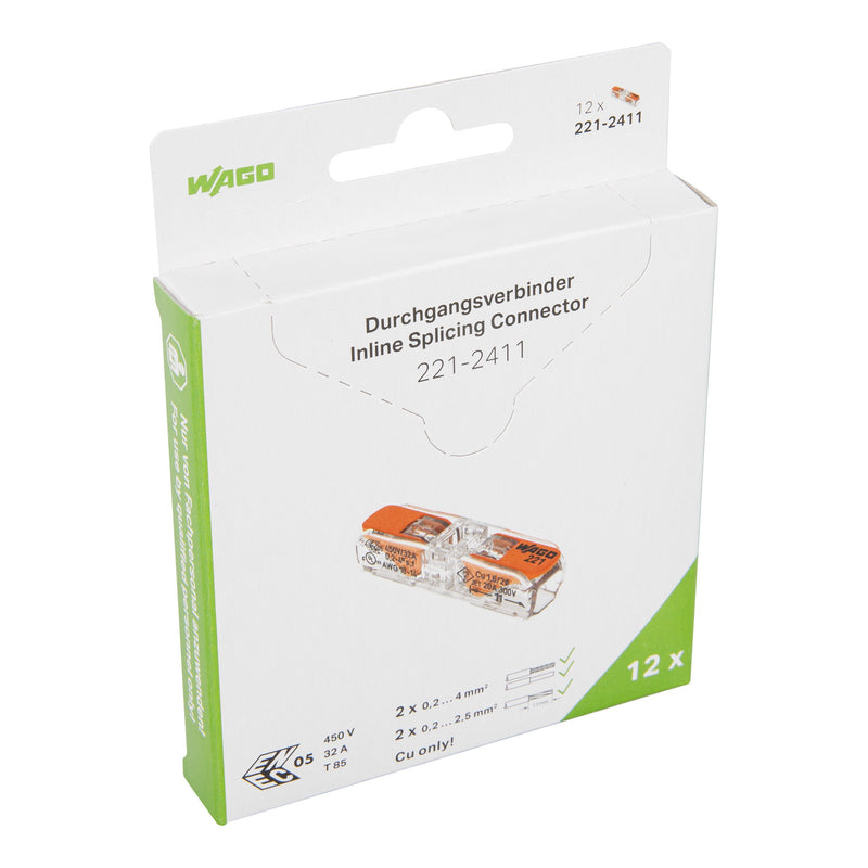 WAGO - Steckklemme Durchgangsverbinder +Hebel 221-2411/995-012 max 4qmm transparent − 12 Stück