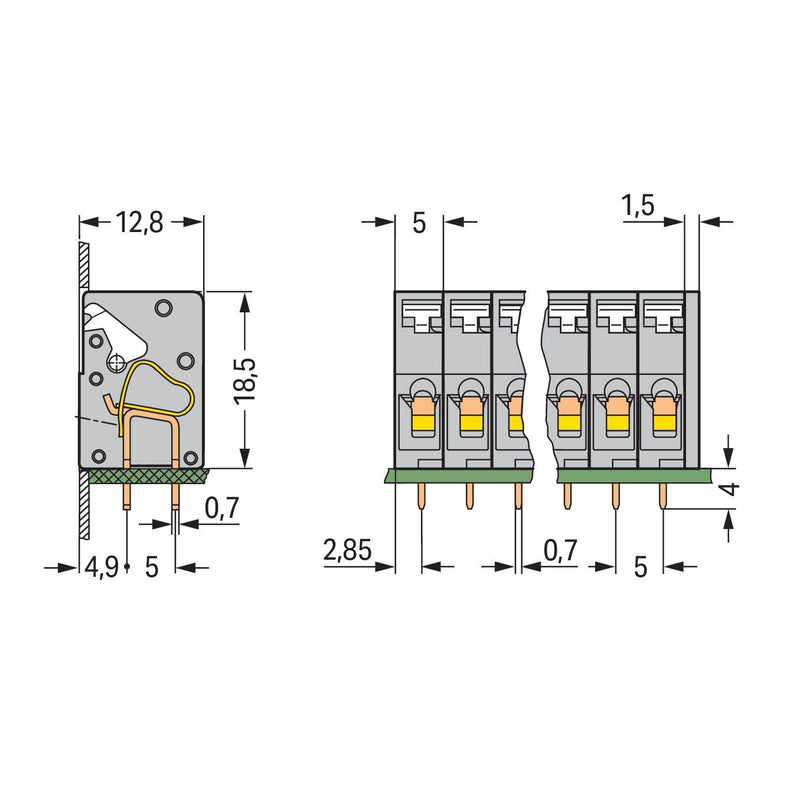 WAGO - Leiterplattenklemme 741-103 Drücker,2,5 mm²,grau − 70 Stück