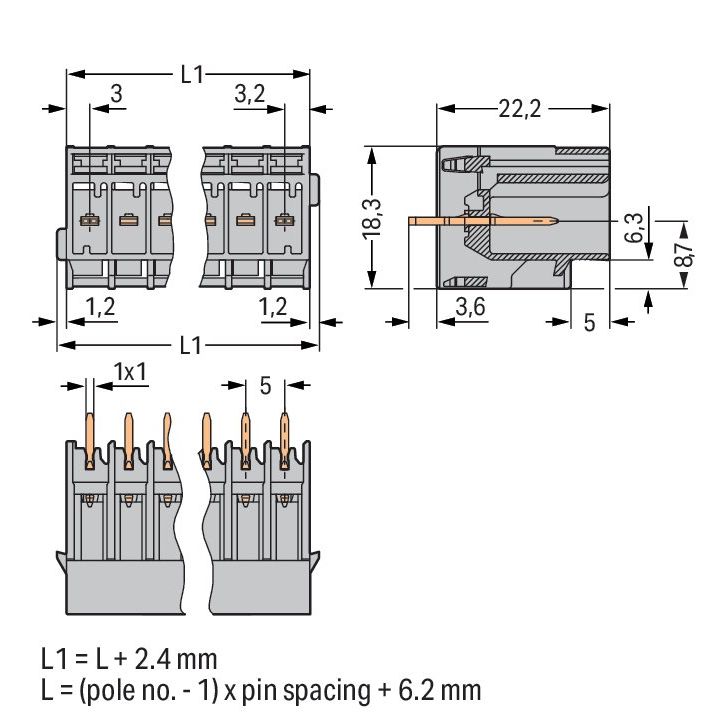 WAGO - Leiterplattensteckverbinder THT-Stiftleiste Lötstift 769-642 1,0x1,0,gerade,grau − 25 Stück