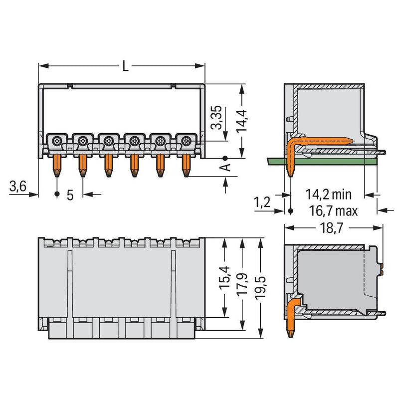WAGO - Leiterplattensteckverbinder THT-Stiftleiste Lötstift 2092-1430 1,4mm,abgew.,llgr − 100 Stück