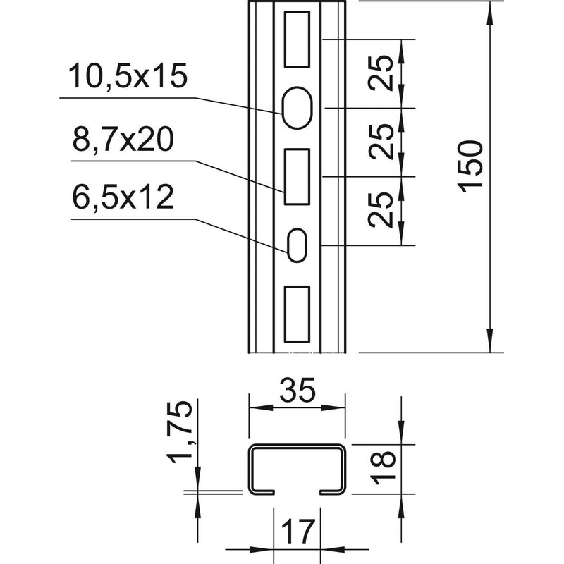 OBO Bettermann - Stiel/Profilschiene Profilschiene CMS3518P0150FT gelocht, SW 16,5mm − 25 Stück