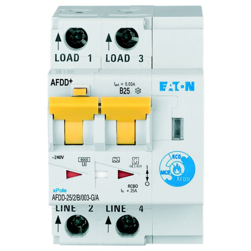 Eaton - Kombination FI-Schalter/Leitungsschutzschalter mit Zusatzeinrichtung Brandschutzschalter AFDD-25/2/B/003-G/A 2p,B,25A,30mA,TypG/A