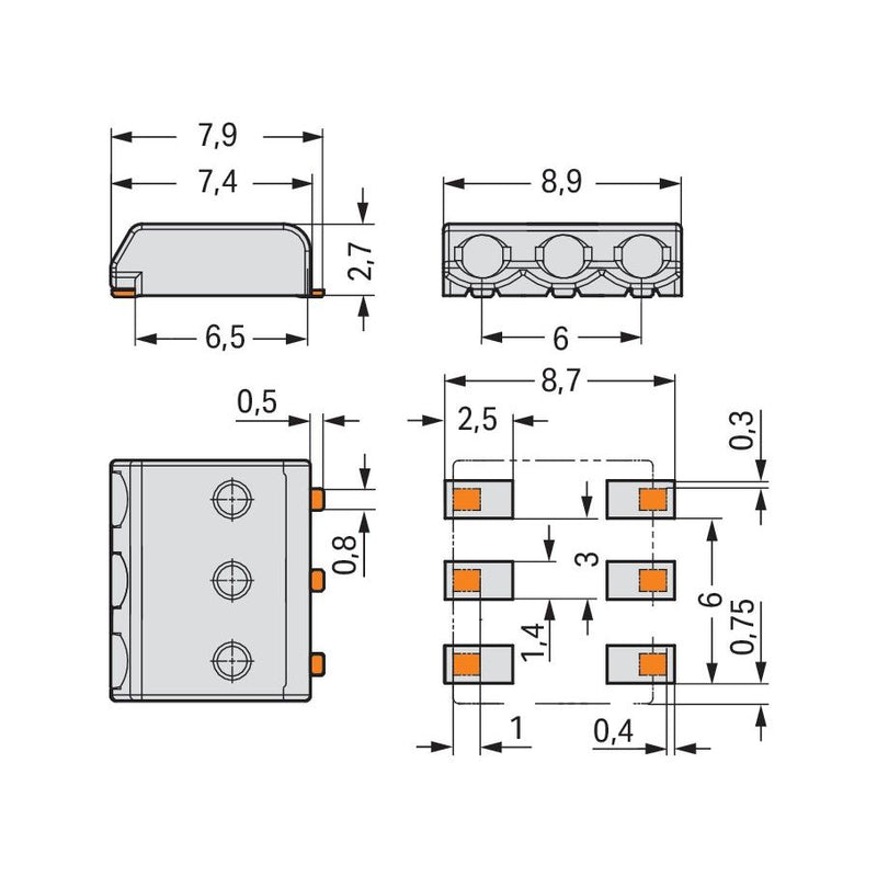 WAGO - Ein- und mehrpolige Klemmenleiste SMD-Leiterplattenklemme 2059-303/998-403 0,5 mm² − 21000 Stück