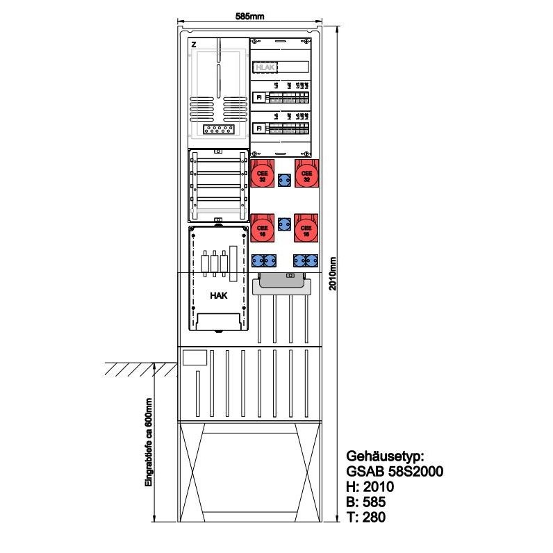 GSAB Elektrotechnik - Zähler-Komplettschrank Festplatzsäule 02.1P11FP2322166S mit 4xCEE, 6xSchutz
