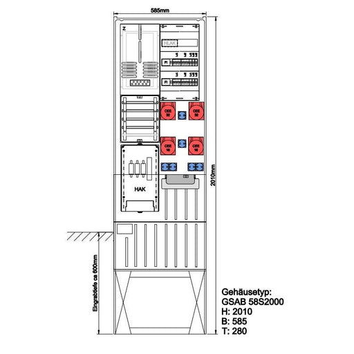 GSAB Elektrotechnik - Zähler-Komplettschrank Festplatzsäule 02.1P11FP2322166S mit 4xCEE, 6xSchutz