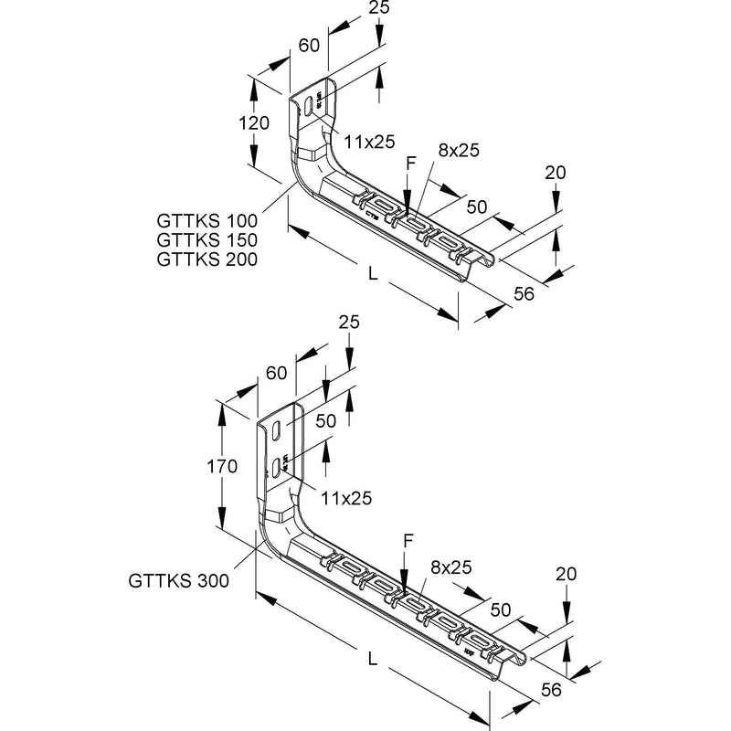 Niedax - Ausleger für Kabeltragsystem Hängestiel u. Wandausleger GTTKS 100 FG 120x165mm 1,3kN − 20 Stück