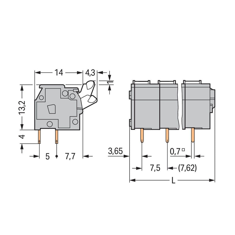 WAGO - Leiterplattenklemme 255-508 Drücker,2,5 mm²,grau − 15 Stück