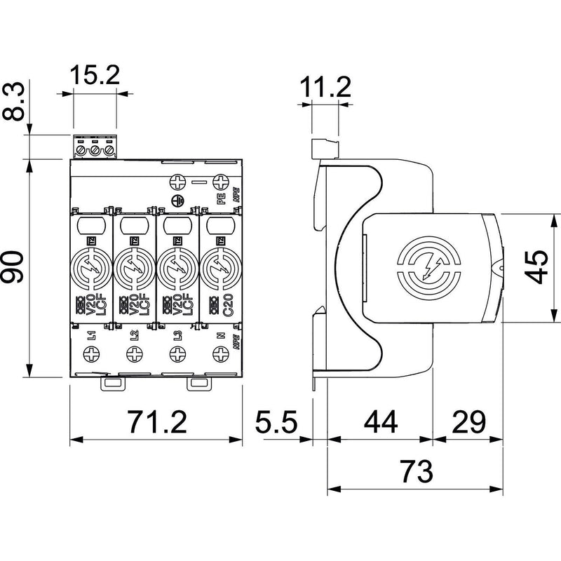 OBO Bettermann - Überspannungsableiter für Energietechnik/Stromversorgung SurgeController V20 V20-LCF-3+1+FS-2 3-polig +NPE+FS 280V
