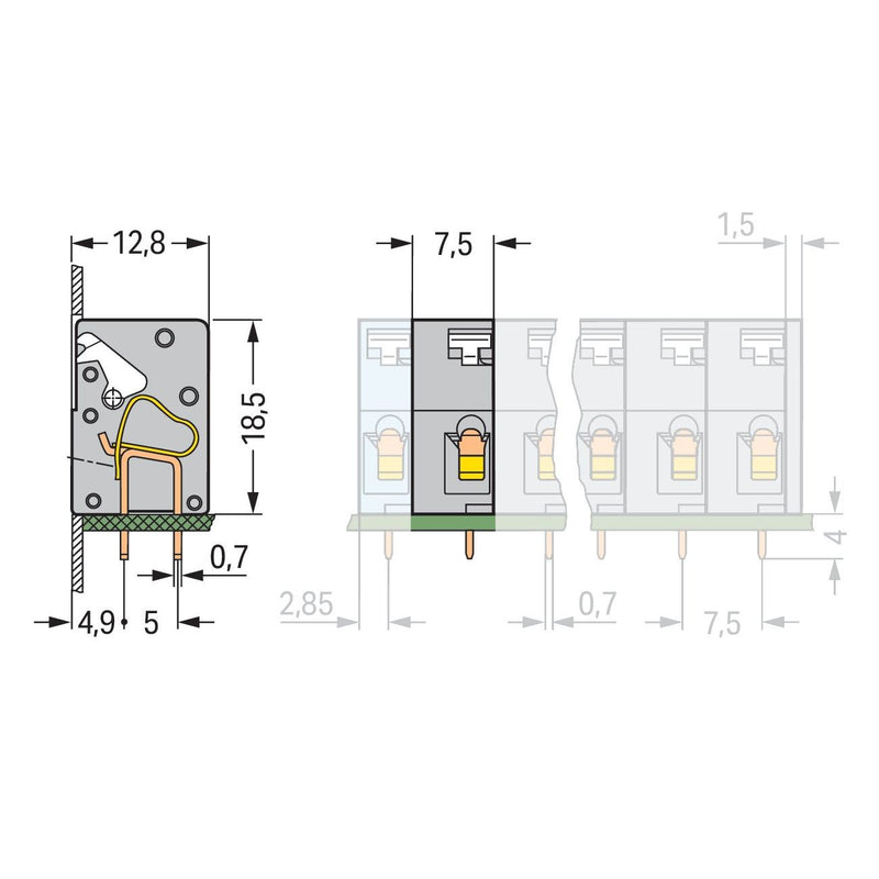 WAGO - Leiterplattenklemme Anreihbare Leiterplattenk. 741-902 Drücker,2,5mm²,gr − 100 Stück