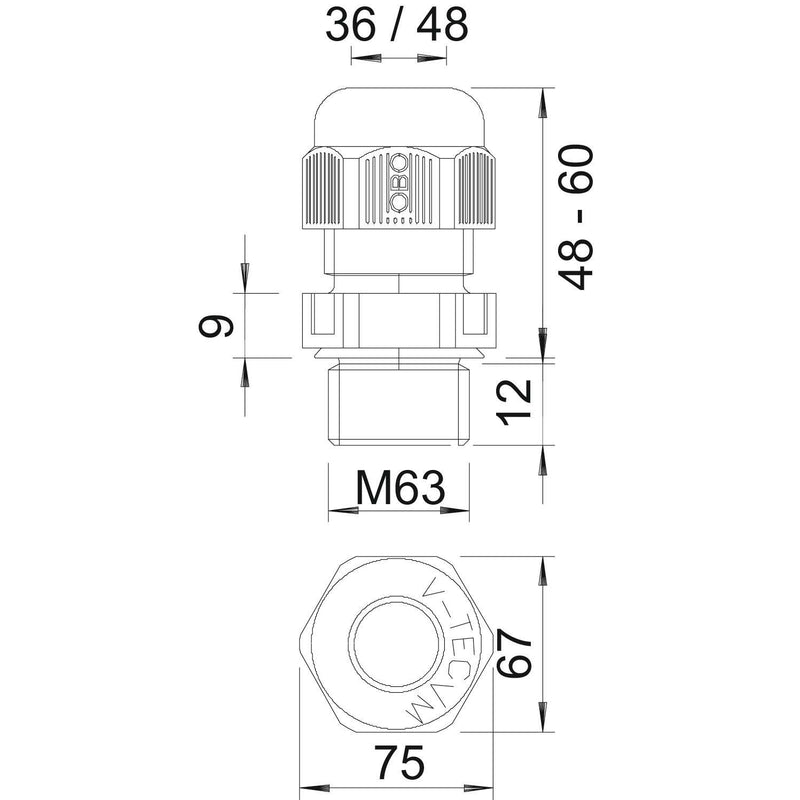 OBO Bettermann - Kabelverschraubung Verschraubung V-TEC VM63 SW Vollmetrisch − 5 Stück