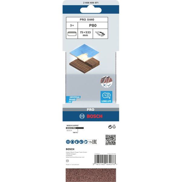 Bosch - Schleifpapier/Schleifvlies PRO X440 Schleifband, 75 x 2608606071 533 mm, 80, 3-tlg