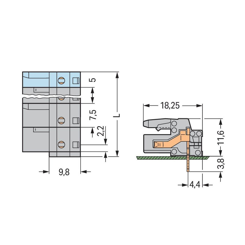 WAGO - Leiterplattensteckverbinder THT-Federleiste abgewink. 232-844/045-000 Maß 7,5mm,grau − 10 Stück