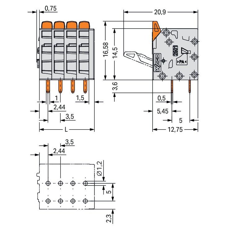 WAGO - Leiterplattenklemme 2601-3106/000-021 1,5qmm,lichtgrau − 80 Stück