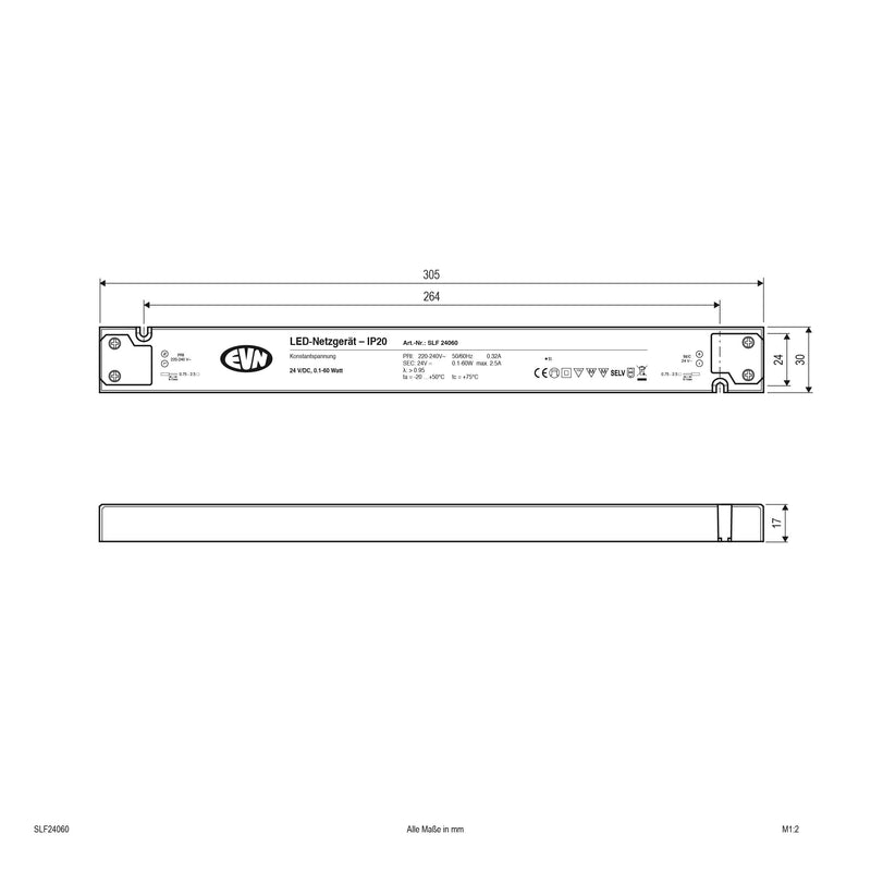 EVN Lichttechnik - LED-Betriebsgerät Netzgerät SLF24060 24V/DC-0,1-60W IP20