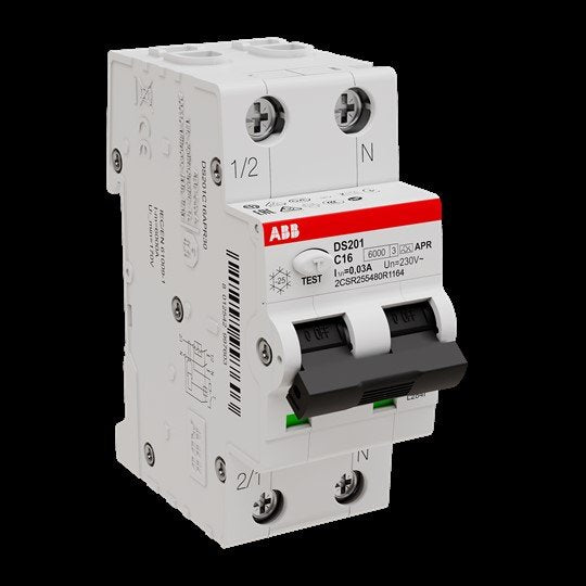 ABB Stotz S&J - Kombination FI-Schalter/Leitungsschutzschalter FI/LS-Schalter DS201A-C16/0,03AP-R 6kA, 1p+N