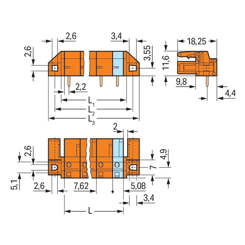 WAGO - Leiterplattensteckverbinder THT-Federleiste abgewink. 232-867/047-000 Maß 7,62mm,orange − 25 Stück