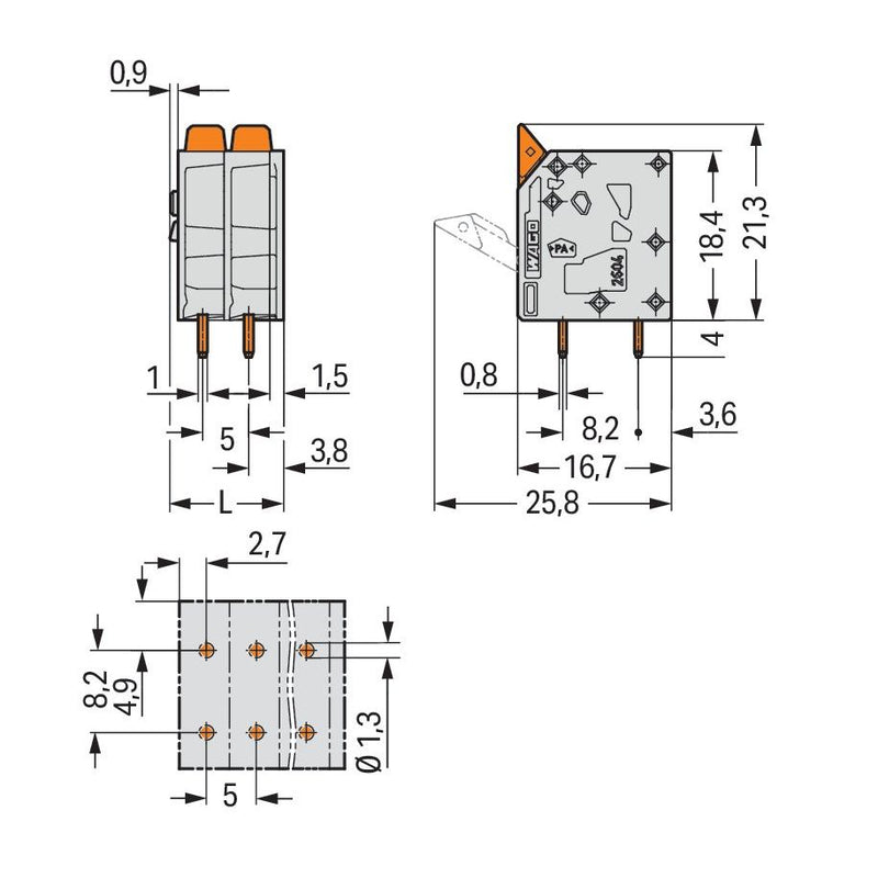 WAGO - Leiterplattenklemme Hebel 2604-3104 4mm²,grau − 90 Stück