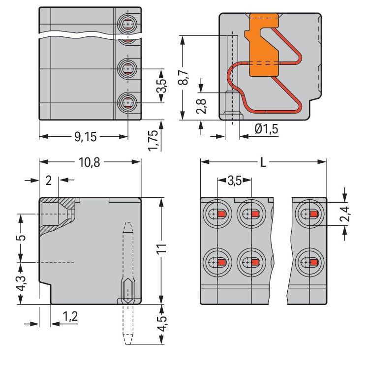 WAGO - Leiterplattenklemme 2-Leiter-Federleiste 252-107 PUSH WIRE,grau − 100 Stück