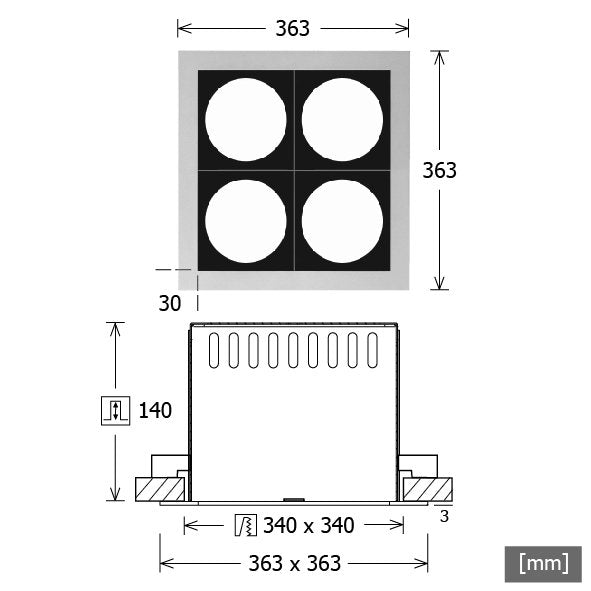 LTS Licht&Leuchten - Mechanisches Zubehör/Ersatzteile für Leuchten Einbaugehäuse SCER 2.4140 sw 4-flammig ET140mm