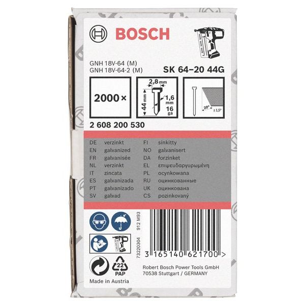 Bosch - Nagel für Nagelgerät Senkkopf-Stift SK64 20G, 2608200530 44 mm verzinkt 2000