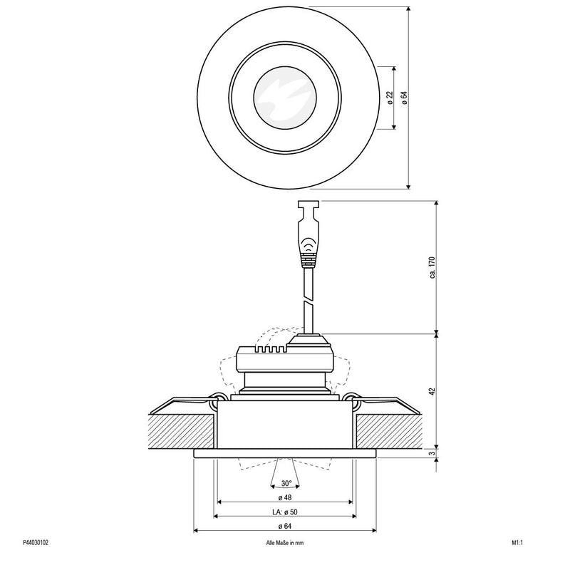 EVN Lichttechnik - Downlight/Strahler/Flutlicht LED-Deckeneinbauleuchte P44030102 ws 3000K 350mA IP44