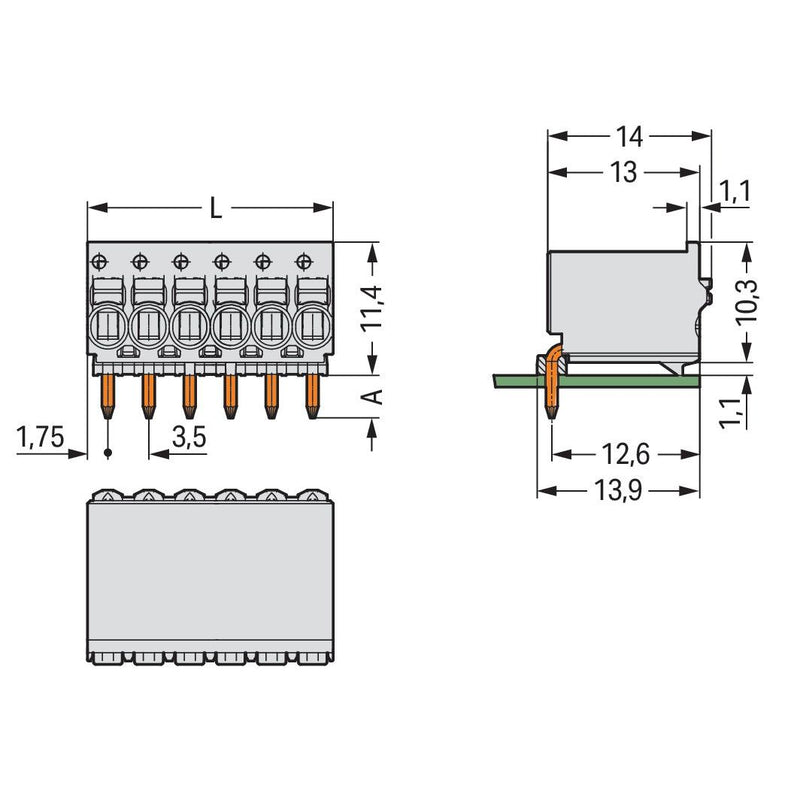 WAGO - Leiterplattensteckverbinder 1-Leiter-THR-Federleiste 2091-2376/200-000 abgewinkelt, lichtgr − 100 Stück