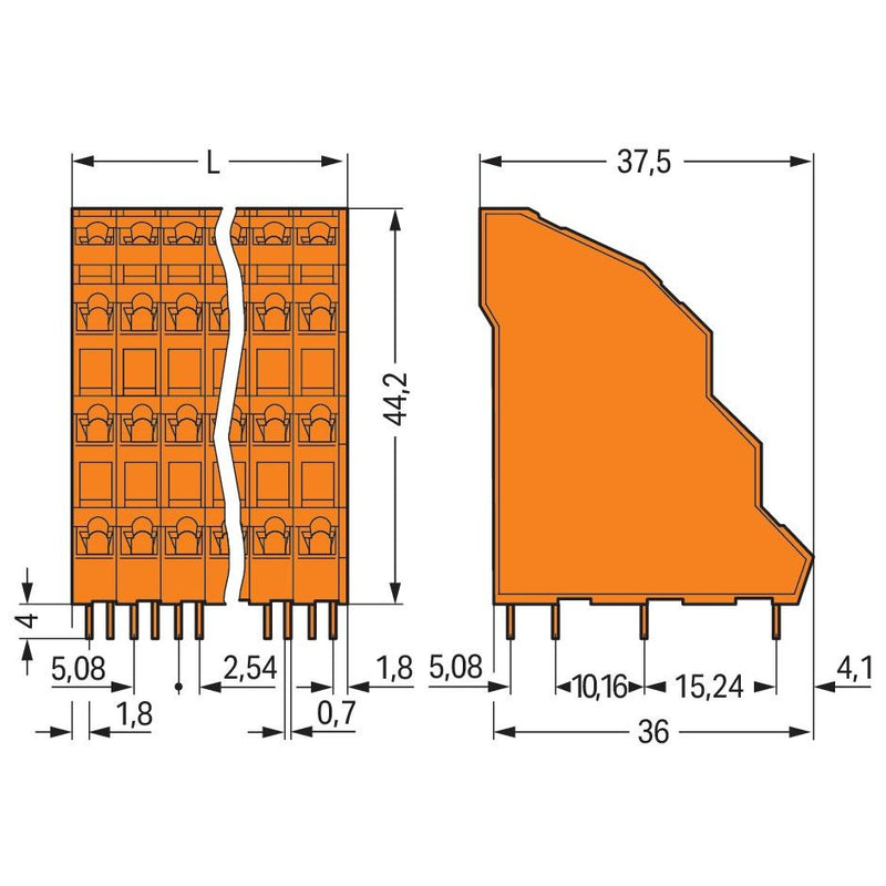 WAGO - Leiterplattenklemme Vierstock-Leiterplattenkl. 738-408 2,5mm² − 18 Stück