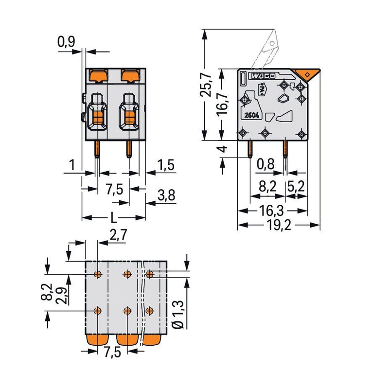 WAGO - Leiterplattenklemme Hebel 2604-1304 4mm²,grau − 70 Stück