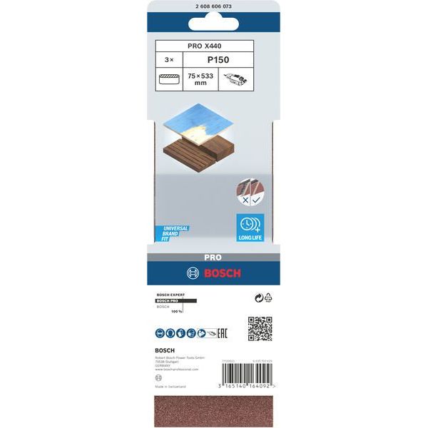 Bosch - Schleifpapier/Schleifvlies PRO X440 Schleifband, 75 x 2608606073 533 mm, 150, 3-tlg