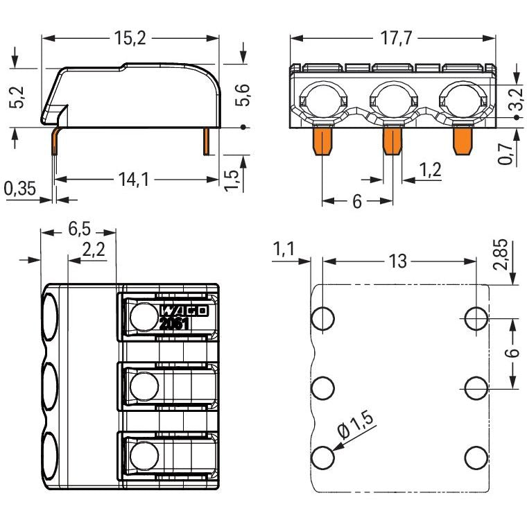 WAGO - Ein- und mehrpolige Klemmenleiste THR-Leiterplattenklemme 2061-1643/998-404 Drücker,1,5 mm²,weiß − 2880 Stück
