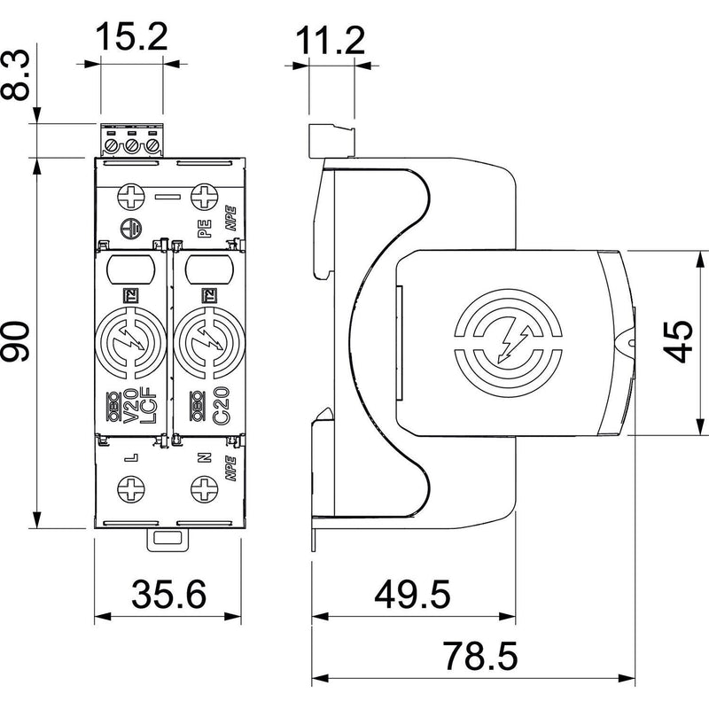 OBO Bettermann - Überspannungsableiter für Energietechnik/Stromversorgung SurgeController V20 V20-LCF-1+1+FS-2 1-polig +NPE+FS 280V