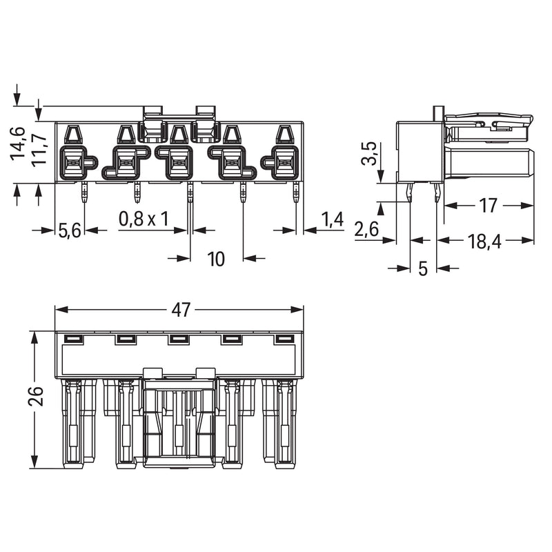 WAGO - Leiterplattensteckverbinder Buchse für Leiterplatten 770-845/011-000 abgew.,5-polig,gr − 50 Stück