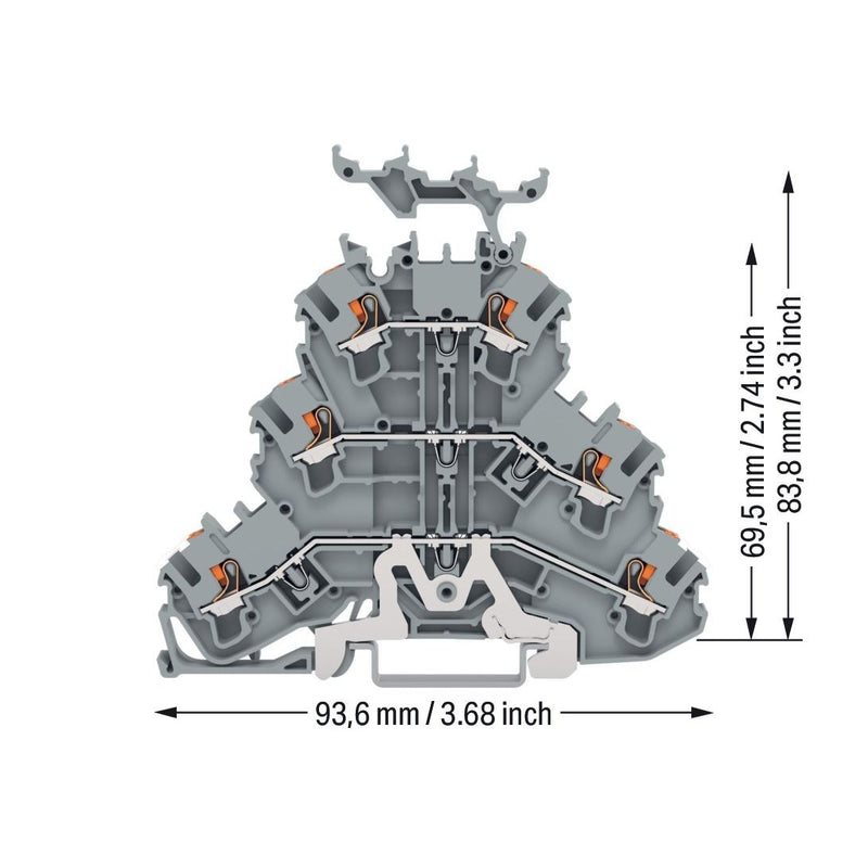 WAGO - Schutzleiter-Reihenklemme Dreistockklemme 2202-3258 2,5 qmm, grau − 50 Stück