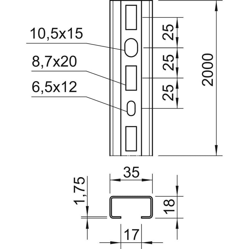 OBO Bettermann - Stiel/Profilschiene Profilschiene CMS3518P2000FS m.Lochung − 2 Meter