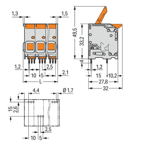 WAGO - Leiterplattenklemme Hebel 2616-1106/020-000 16mm²,grau − 20 Stück
