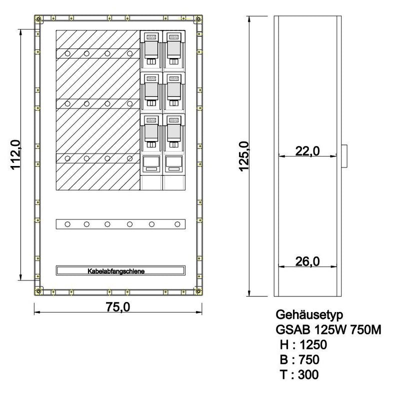 GSAB Elektrotechnik - Anschlussschrank GfK-Wandschrank IP55 125W750K2LSL2 1250x750x300