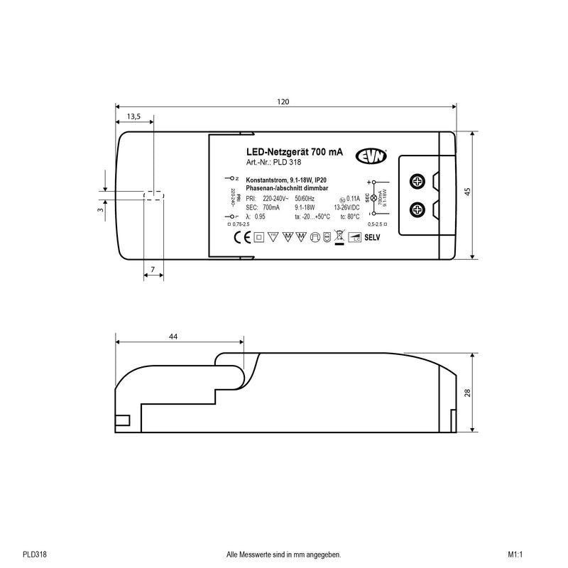 EVN Lichttechnik - LED-Betriebsgerät LED Netzgerät PLD 318 700mA 9,1-18W
