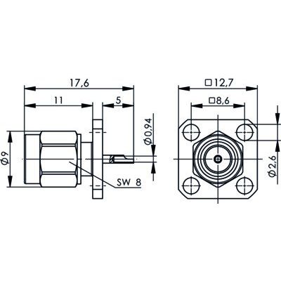 Telegärtner - Koax-Steckverbinder SMA-Einbaustecker 100024628 mit Flansch − 5 Stück