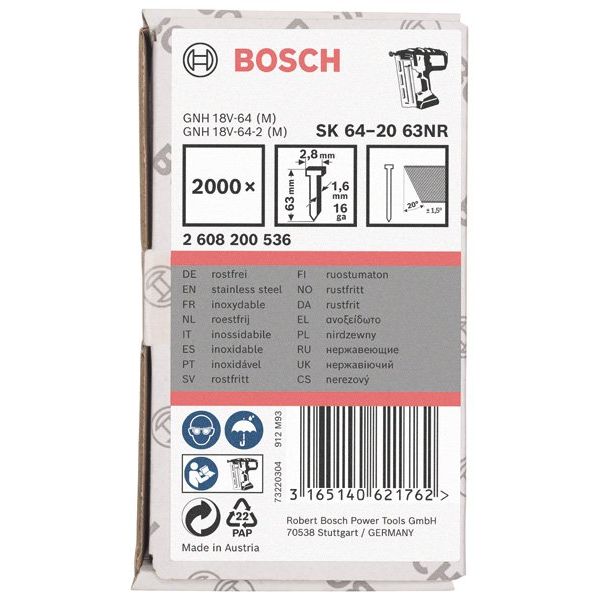 Bosch - Nagel für Nagelgerät Senkkopf-Stift SK64 20NR, 2608200536 63 mm Edelstahl 2000